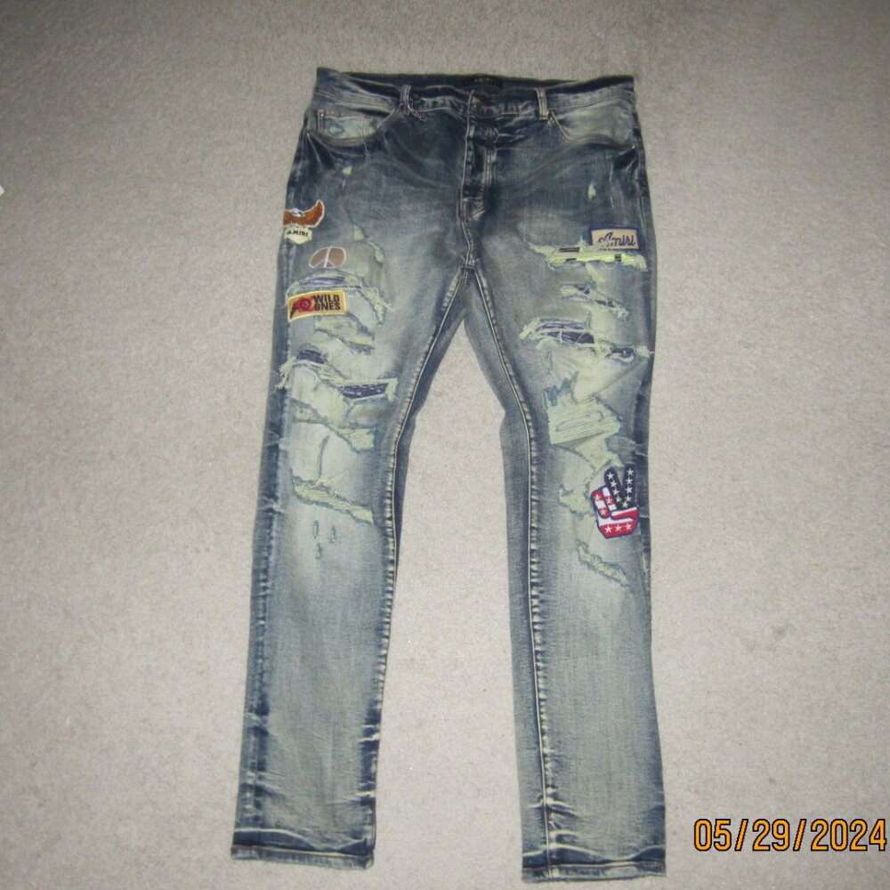 Amiri Men’s Size 38 Faded Wash Blue Amiri Logo Flag Skinny Distressed Jeans